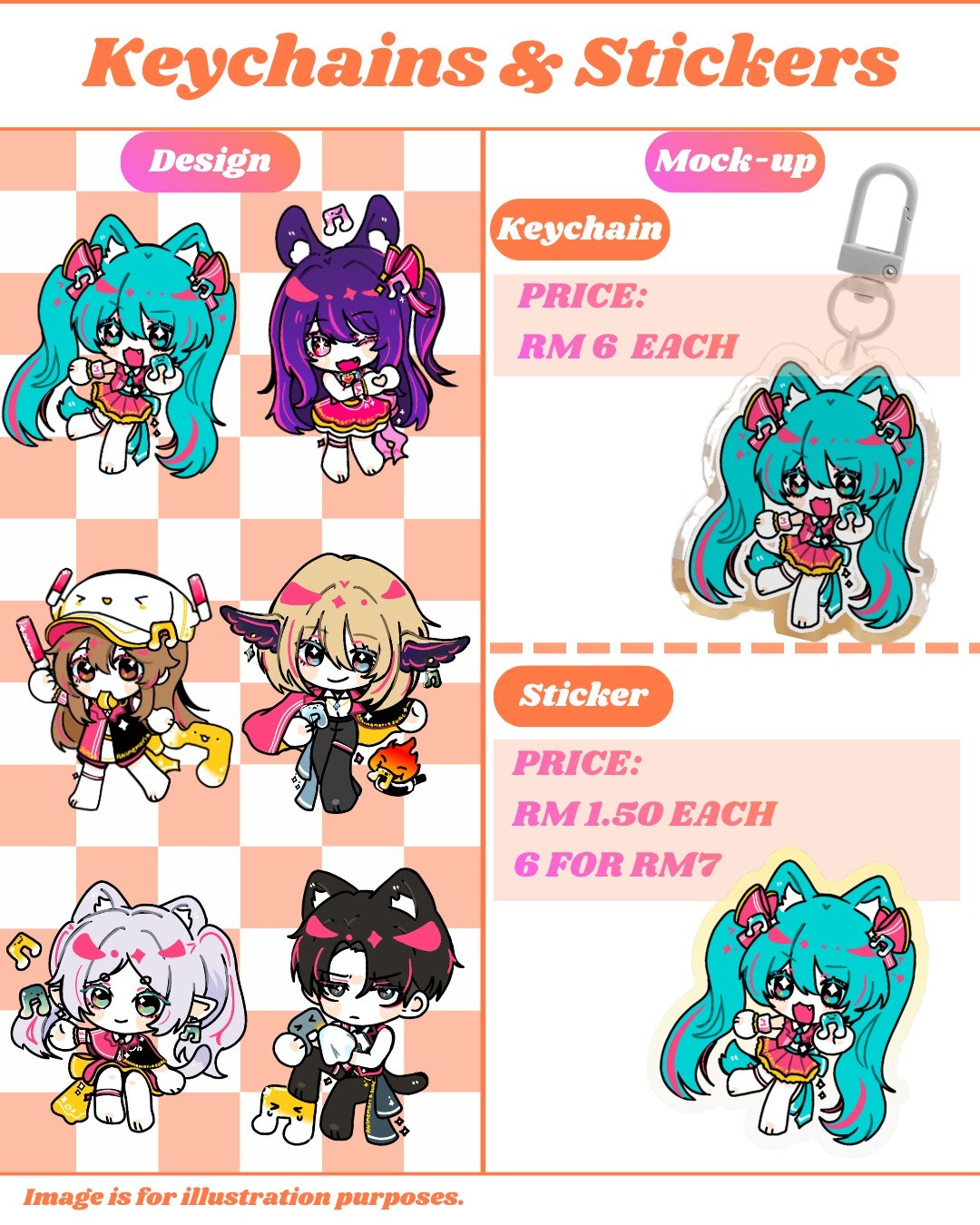 AniMemori keychains, RM6 each, and stickers, RM1.50 each or six for RM7