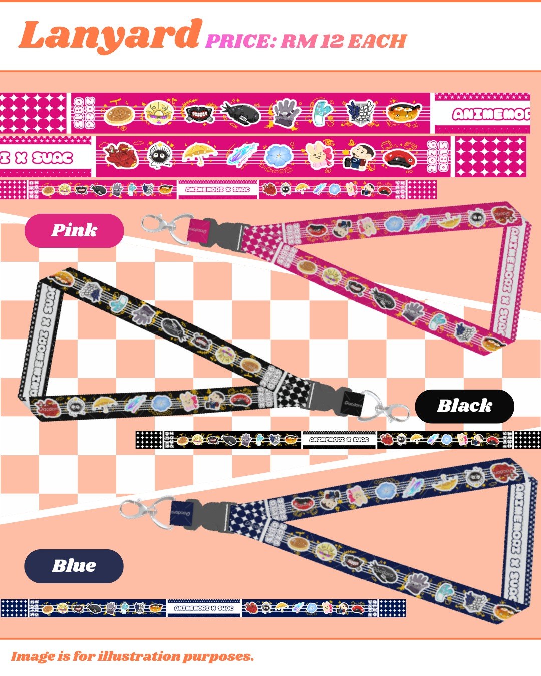 AniMemori lanyards in pink, black and blue, RM12 each