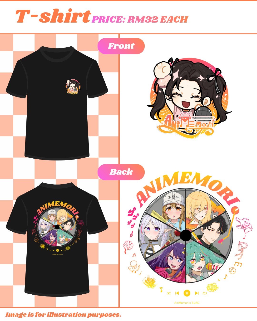 AniMemori T-shirt — front and back designs, RM32 each